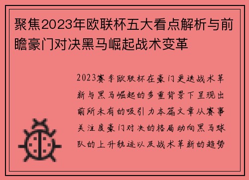聚焦2023年欧联杯五大看点解析与前瞻豪门对决黑马崛起战术变革